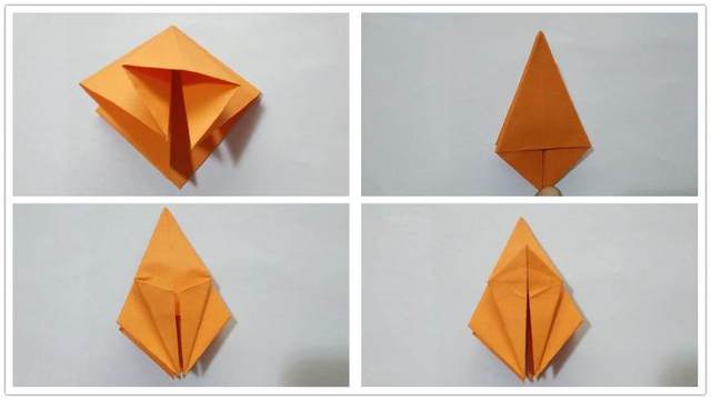 步骤2：前面折成小正方形后，小正方形有4个角，先把一个角往下压平，压下去，出现左上角图1的样子，然后剩下的其他3个角也是同样的压下去对齐中间线然后压平。全部折好后就是右上角图2的样子，接着把这一面底端的左右2个角往中间对折，折好后再展开，沿着折痕把纸张折到里面去，里面的小角展开到外面来，然后折平整，最后就是 右下角图4的样子