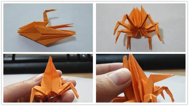步骤6：2个角靠齐在一起之后，像折千纸鹤那样把大腿和小腿折出来，具体的折法图是左上角图1，然后这是一条螃蟹腿折好了，然后剩下的继续折，总共是8条螃蟹腿，左边4条右边4条，全部折好后把顶端的三角翻折下来，按照右下角图4 把螃蟹的2个大夹子折出来，做法还跟腿一样，就是方向是相反的。