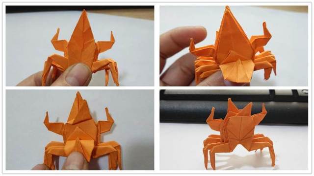 步骤7：折好后，折左右2个对称的螃蟹大夹子。然后进入最后的步骤，把纸张翻到另一面，把顶端的小三角翻到下面来，让往里对折。图片为右上角图2 ，然后再按照左下角图3把上面的小三角按照图片来折一道折痕，使小三角斜向右上，反面的重复步骤，然后把底下的三角合上去，这样一只可爱的巨蟹座大螃蟹就做好了。还是看图片吧，困的不行了，我讲的也不知道能听懂不？