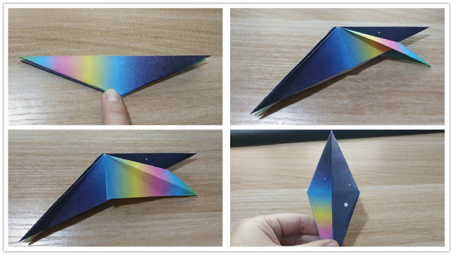 步骤3：接下来，拿其中的一个，把它从中间横向对折，然后右边顶端的角往外翻折，翻折好之后把左下边里面的纸拉出来，然后多余的往下折，折到中间去，反面也是一样的折法，折好了之后，翻到背后另一个三角面。