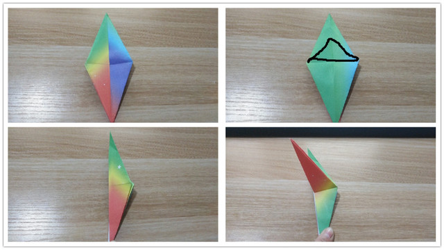 步骤5：接着我们把另外一个折好的菱形拿过来，把上面的三角翻到下面来，翻出来顶端带小三角的那一面，然后再左右对折，同样的把下面的那个小三角翻到上面去，最后是右下角图4的样子，要是我说的不明白，看下图片应该差不多可以懂的。