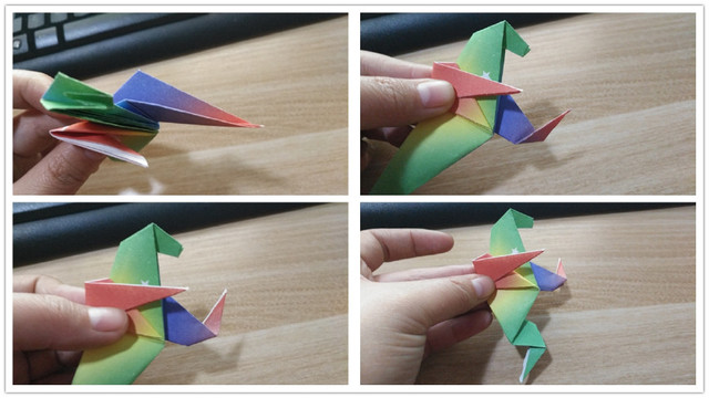 步骤7：接着把后面最后一个三角从底下压下去，然后往右上折，同样的从里面内折，再把最下面的角同样的方法折出来腿