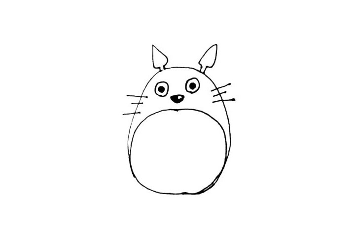 步骤4：画上一个倒三角的鼻子，注意留出一点高光，脸的左右两边再画上三条胡须。