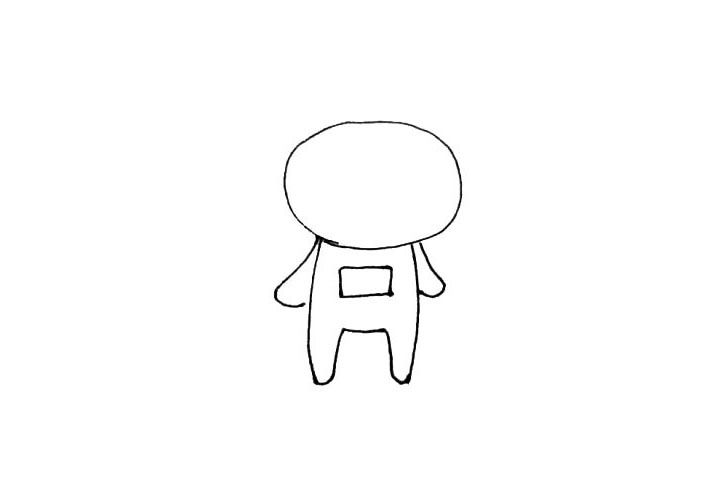 步骤3：身子的左右两边，画上他的手，中间还要画上一个小方形作为装饰。