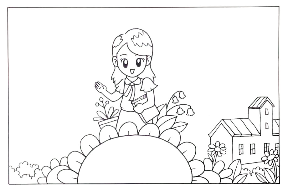 步骤3：在老师身边画出一些植物作为装饰，老师右边远处画出一栋教学楼。