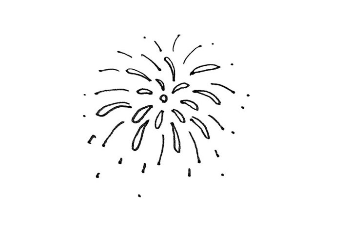 步骤4：第三层的烟花用弧线和小点来装饰。