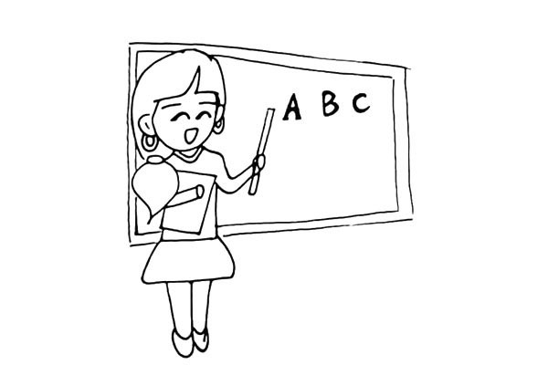 步骤11：在老师的身后画一面大大的黑板.她正在上着英语课。