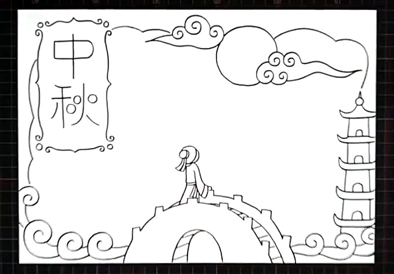 步骤5：接着我们围绕手抄报四周画出边框装饰。