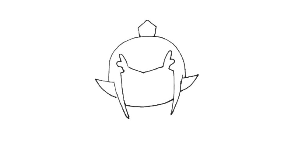 步骤5：再用半圆形画出脑袋，以及画出上面的头饰。