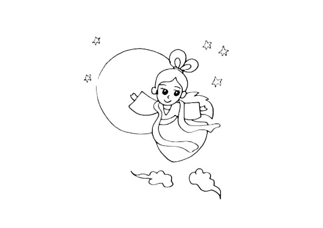 步骤15：月亮的两侧有几颗星星.她正乘着云彩奔向月亮。