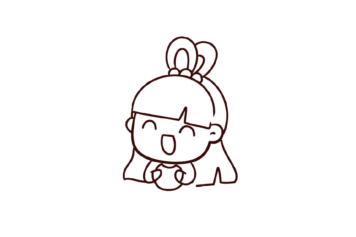 步骤3：画出后面的头发，拿着的月饼