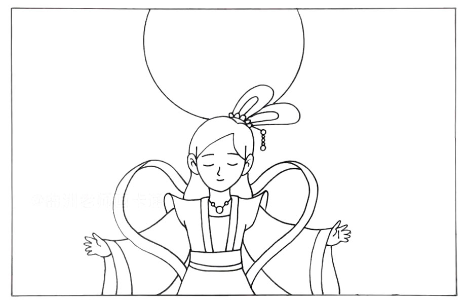 步骤2：在她的身后画出一个大大的月亮。