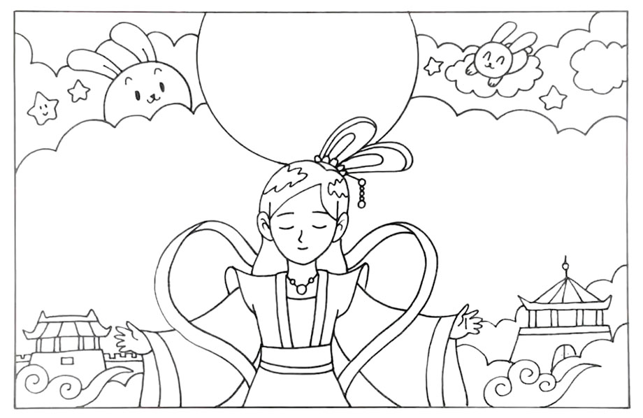 步骤4：上方左右两边画出两只可爱的玉兔和云彩。