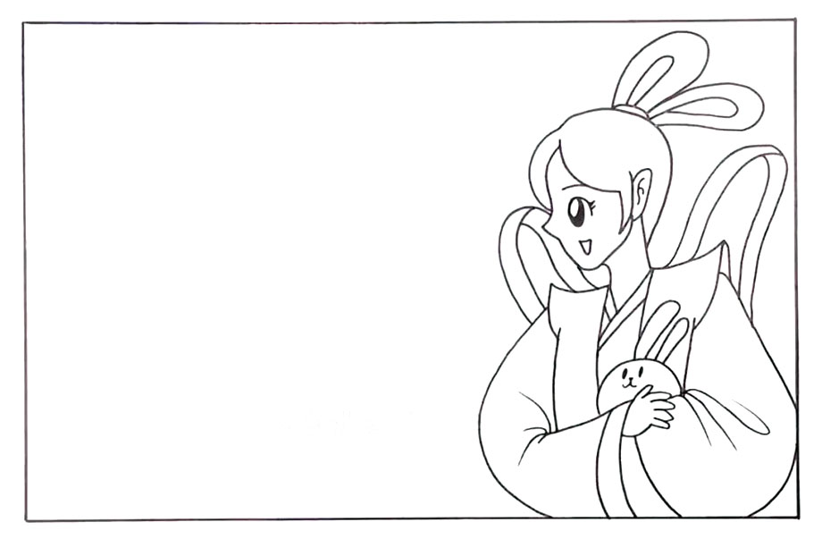 步骤2：然后画出它的衣服、飘带及怀里抱着的玉兔。