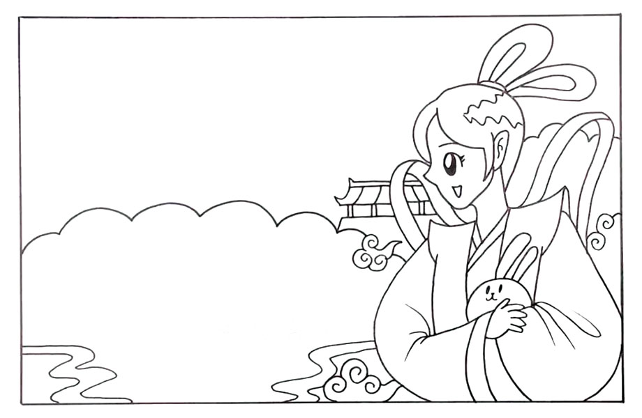 步骤3：远处背景我们画出一些云彩和广寒宫的建筑。