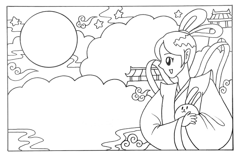 步骤5：在月亮的排版画出一些云朵和星星作为装饰。