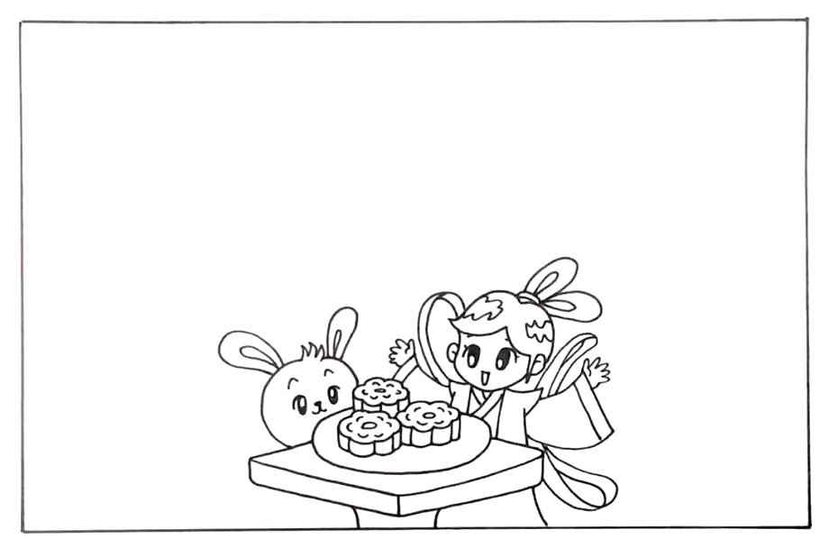 步骤2：画出桌子、嫦娥和玉兔，他们在一起准备吃月饼。