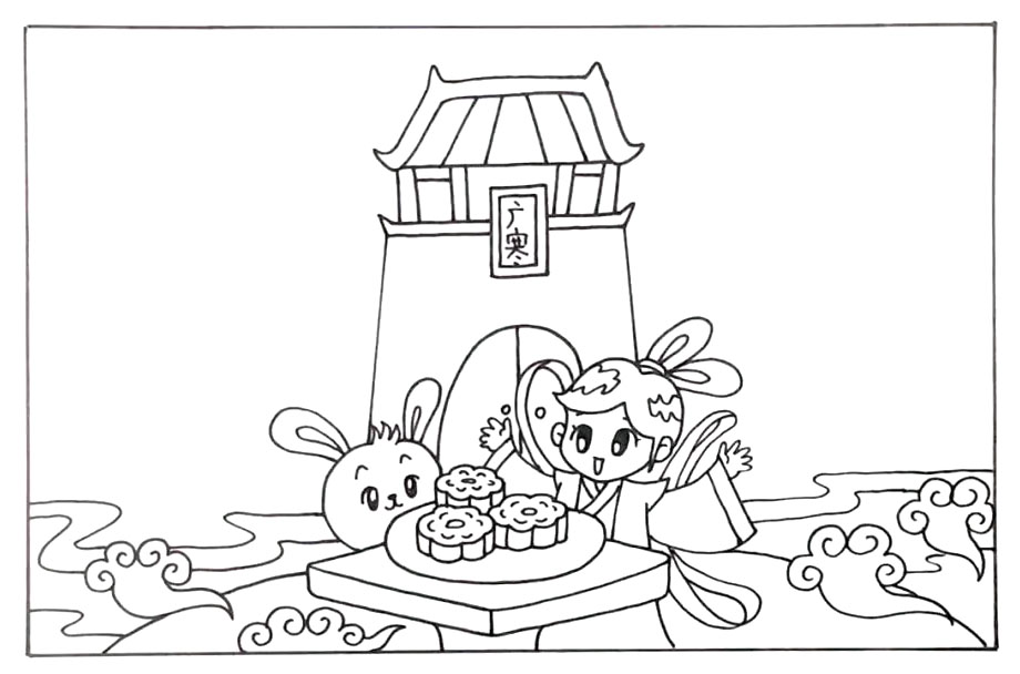 步骤4：背后画上大大的广寒宫建筑。