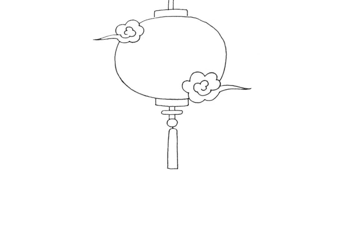 步骤1：首先在正上方画上一个大大的灯笼，朋友画两朵祥云与之重合。