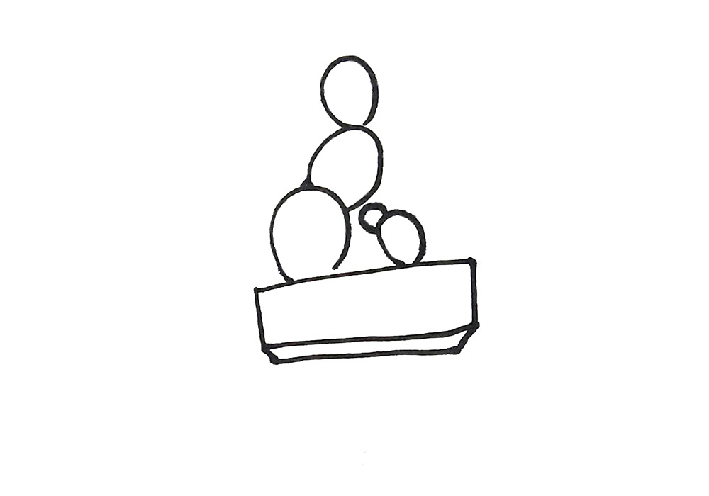 步骤2：用形状、大小不一的椭圆画出仙人掌的轮廓。