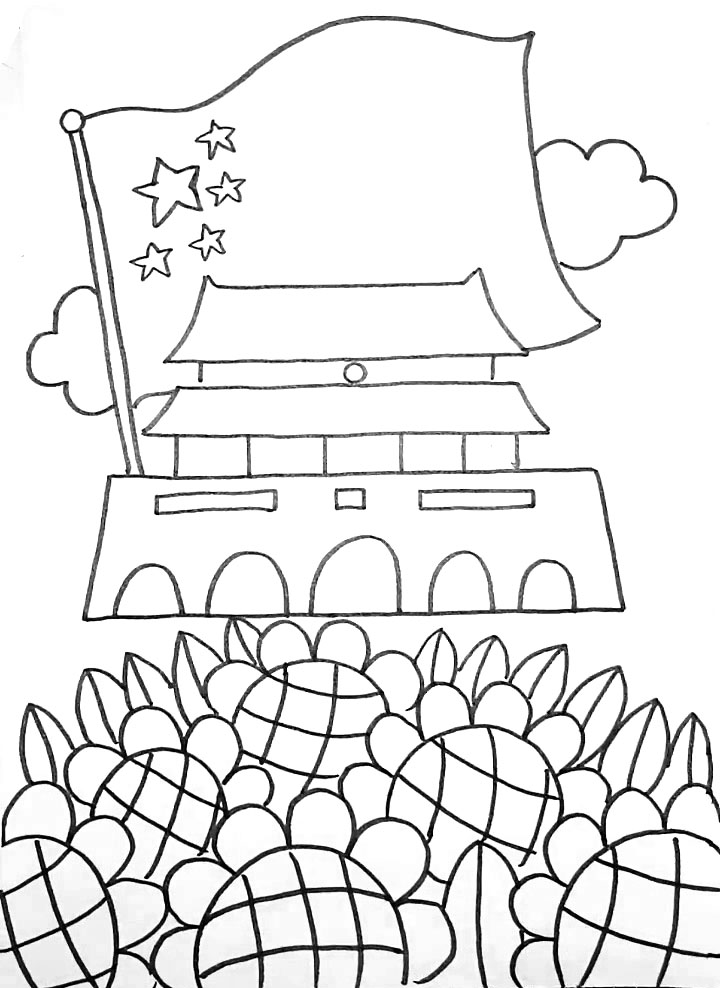 步骤4：天安门前面画出一些向日葵，背景画出一些白云的轮廓。