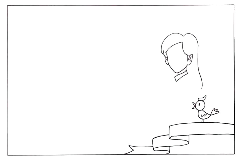 步骤2：上方画出女老师的头部和头发轮廓。