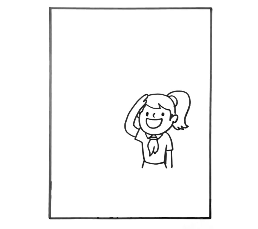 步骤1：首先画出一个带着红领巾的小女生。