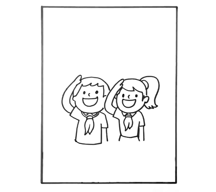 步骤2：接着在她的右边画出一个小男生。