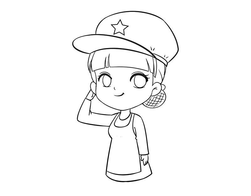 步骤6：画出她的两只胳膊，一只是敬礼的动作。