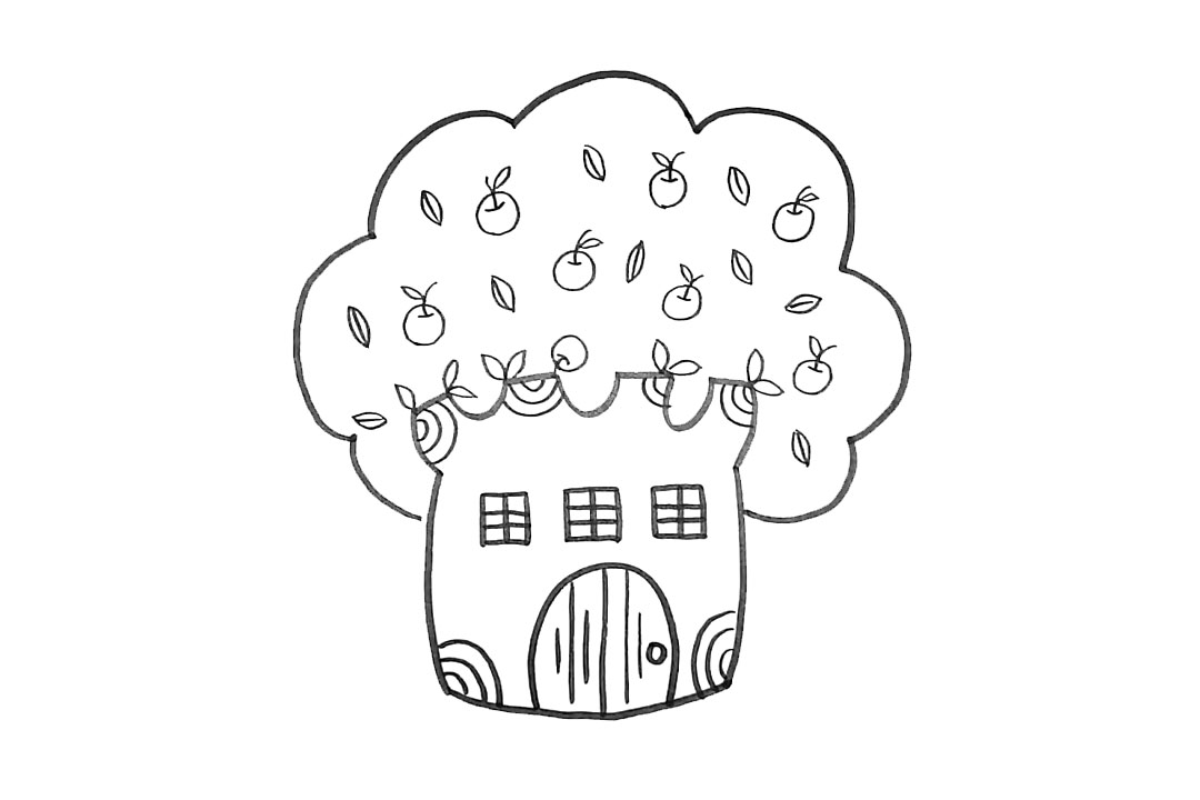 步骤4：在树叶上画出一些苹果和树叶。