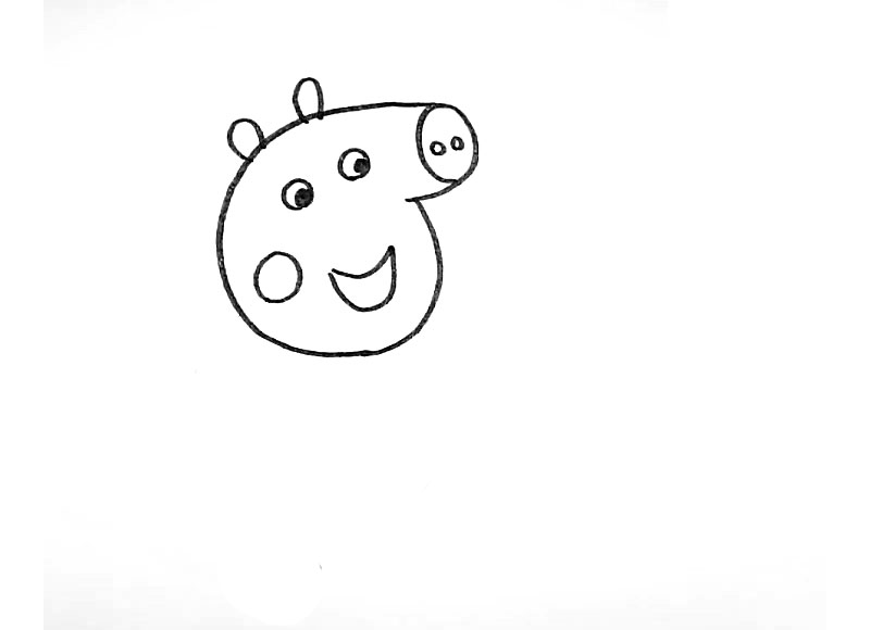 步骤2：接着画它的耳朵、鼻孔、眼睛和嘴巴。