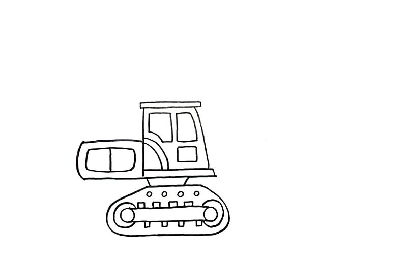 步骤3：履带上方画出它的驾驶舱和发动机舱。