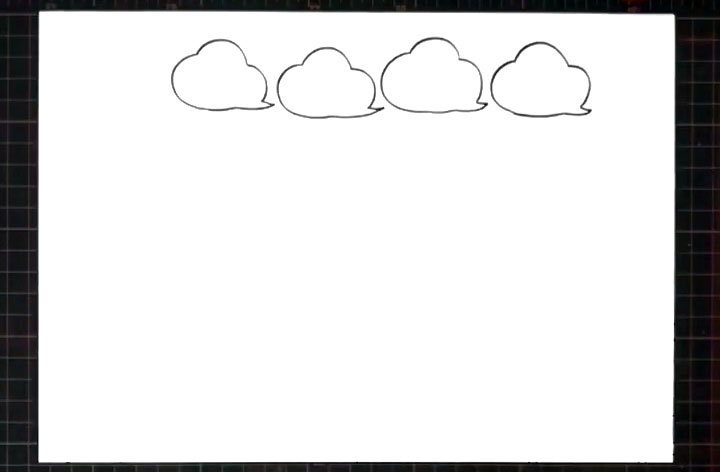 步骤1：在上方画出四朵白云，作为手抄报标题的边框，这里大家可以随便填写，比如：“我爱科学、科技创新”等都可以。