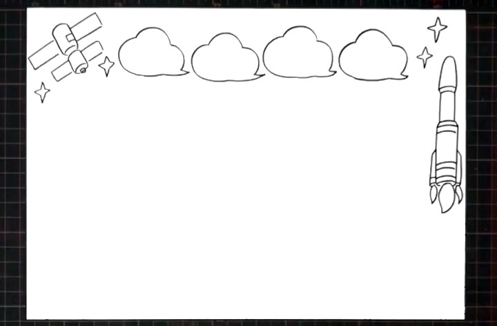 步骤2：在标题框左边画出一颗卫星，右边画出起飞的火箭。