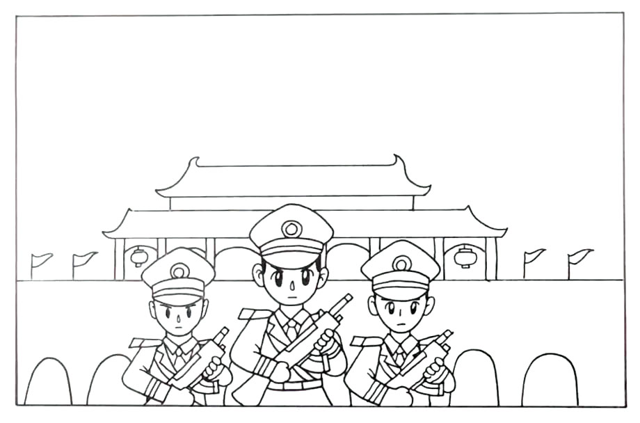 步骤4：在他们的背景我们画一幅天安门图案，上面飘扬着五星红旗。