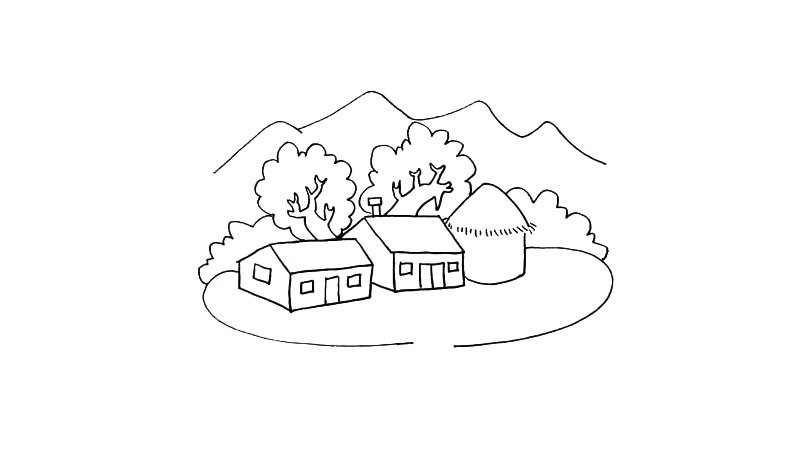 步骤12：再用形状不一的曲线来代替房子两边的绿植。