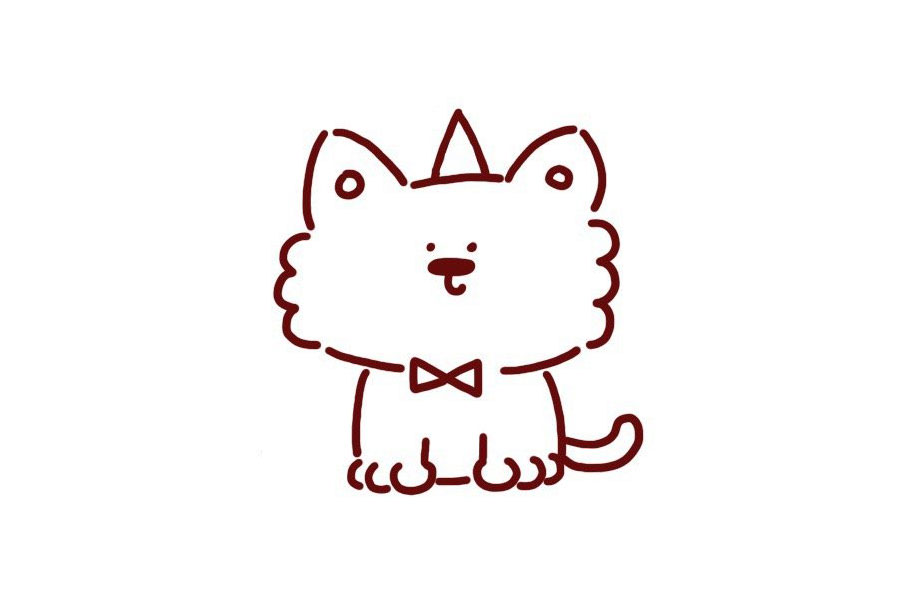 步骤6：然后画小狗的领结，尾巴和过生日戴的帽子。