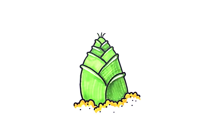 步骤5：竹笋用绿色涂上，泥土用棕色涂上。