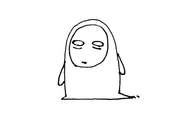 步骤4：在面具里，画上无脸男椭圆形扁扁的眼睛，下面注意加上一条线，还要画上小嘴巴。