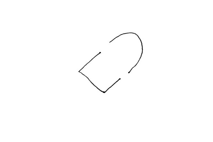 步骤1：稍微倾斜一点，一边画上半个方形，一边画上半个椭圆形。