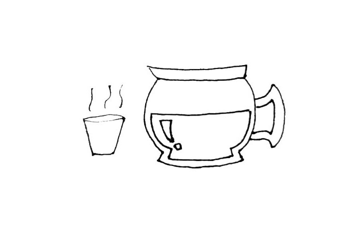 步骤5：在咖啡壶旁边，画上一个倒满咖啡的杯子吧，加上几条小曲线表示热气。