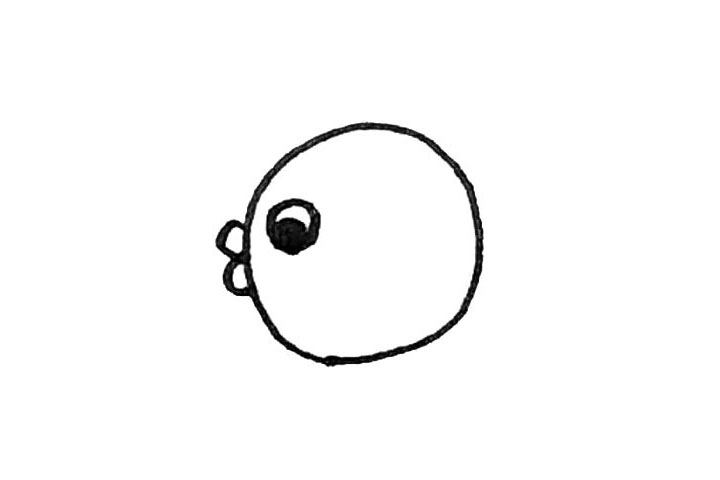 步骤2：用曲线画出他的嘴巴，用圆形画出眼睛，点上黑眼珠。