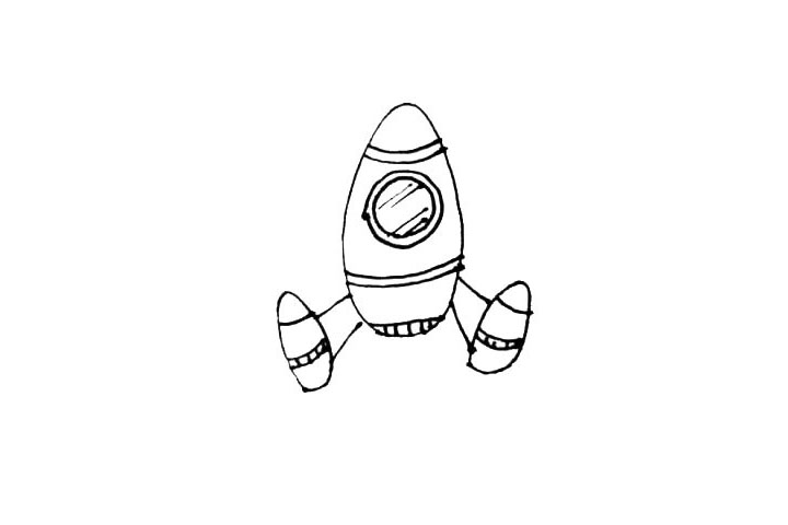 步骤5：给飞船加上一些弧线和小线段作为装饰，也能画上自己喜欢的图案。