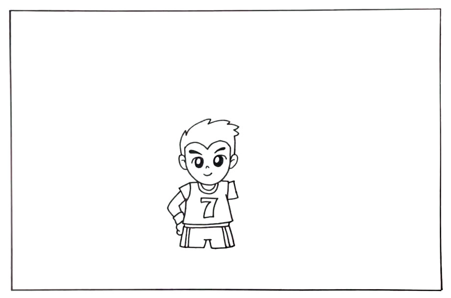 步骤1：首先画出小男孩的头部和身体部位。