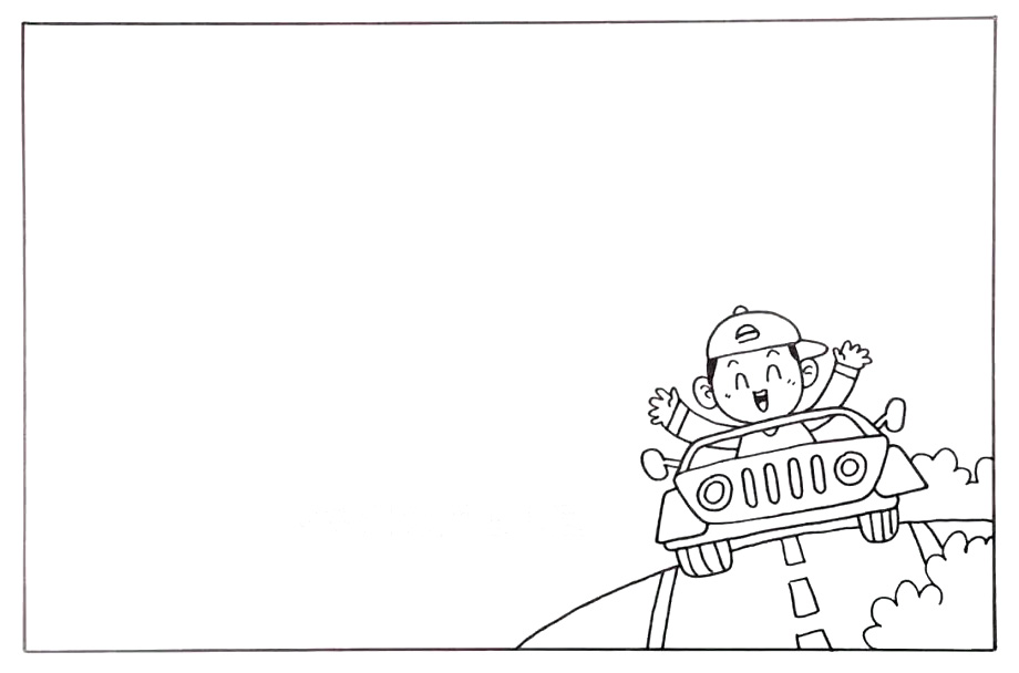 步骤2：接着画出小男孩、路面和旁边的一些植物。