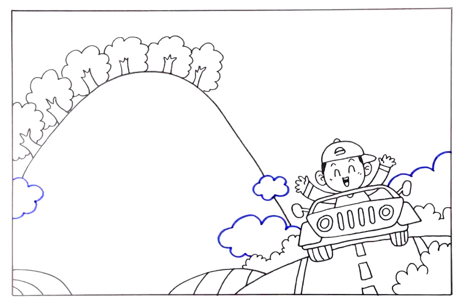 步骤3：左边画出一个大山坡和树木。