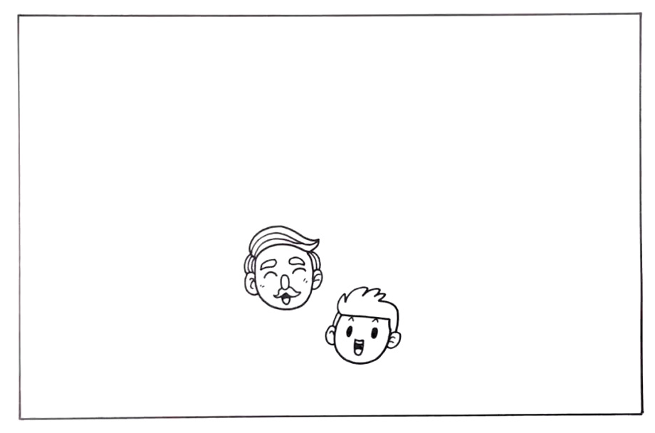 步骤1：在中间先画出爷爷和小男孩的头部。