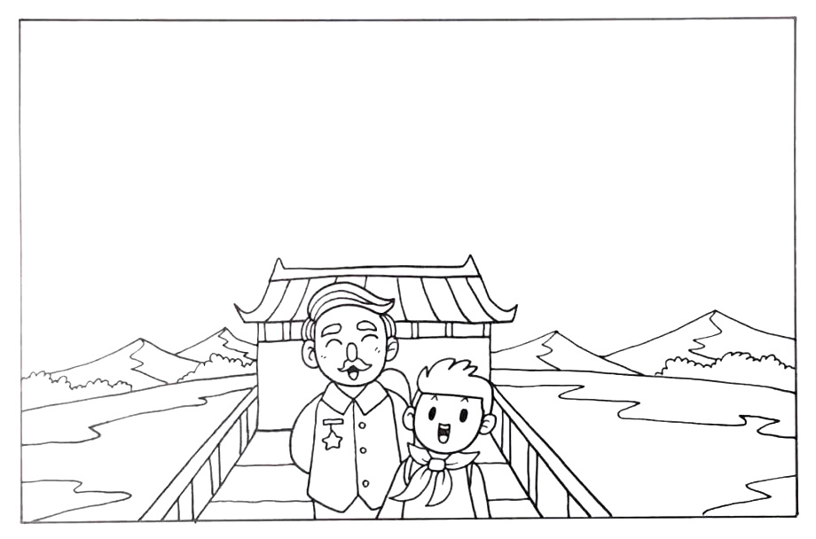 步骤4：旁边画出山脉和湖面。