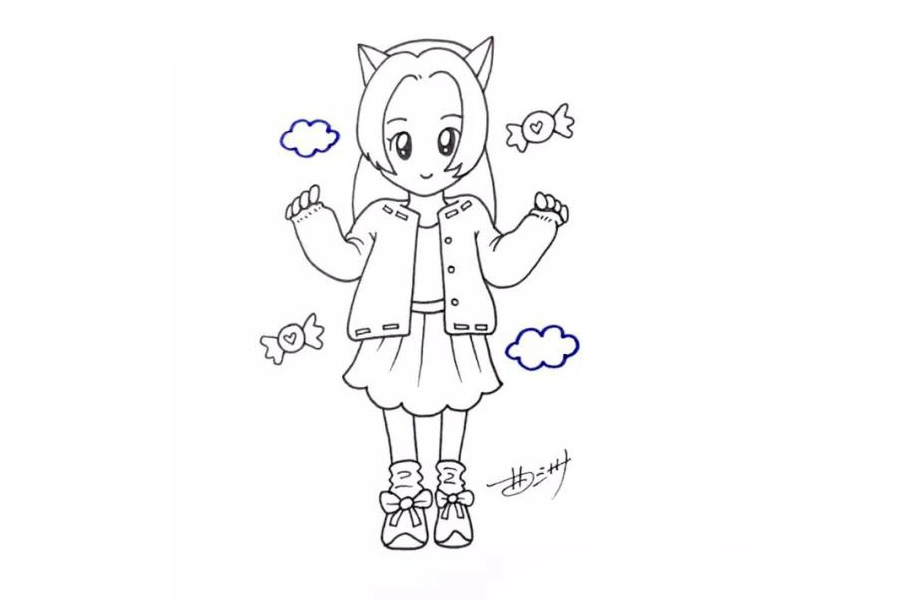 步骤5：接着画出它的裙子、腿部和鞋子。