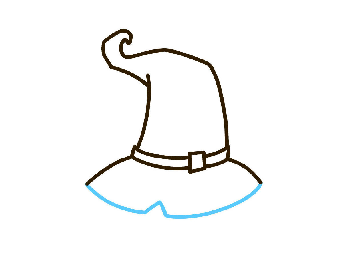 步骤5：画上帽檐，弧形里边写了个倒“V”